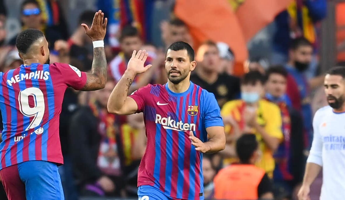 Sergio Aguero of FC Barcelona celebrates after scoring his team's first goal during the La Liga Santander match between FC Barcelona and Real Madrid CF at Camp Nou on October 24, 2021 in Barcelona, Spain.