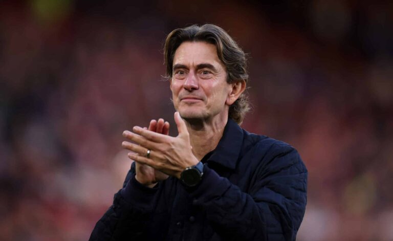 Spurs manager Thomas Frank, formerly of Brentford, applauds the fans at the end of the Premier League match between Brentford FC and Ipswich Town FC at Gtech Community Stadium on October 26, 2024 in Brentford, England.
