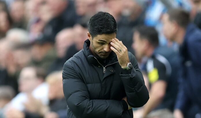 Mikel Arteta, Manager of Arsenal, reacts during the Premier League match between Newcastle United FC and Arsenal FC at St James' Park on November 02, 2024 in Newcastle upon Tyne, England.