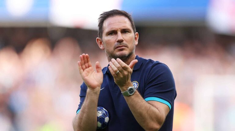 Frank Lampard, Caretaker Manager of Chelsea, acknowledges the fans after his final game in charge in the Premier League match between Chelsea FC and Newcastle United at Stamford Bridge on May 28, 2023 in London, England.