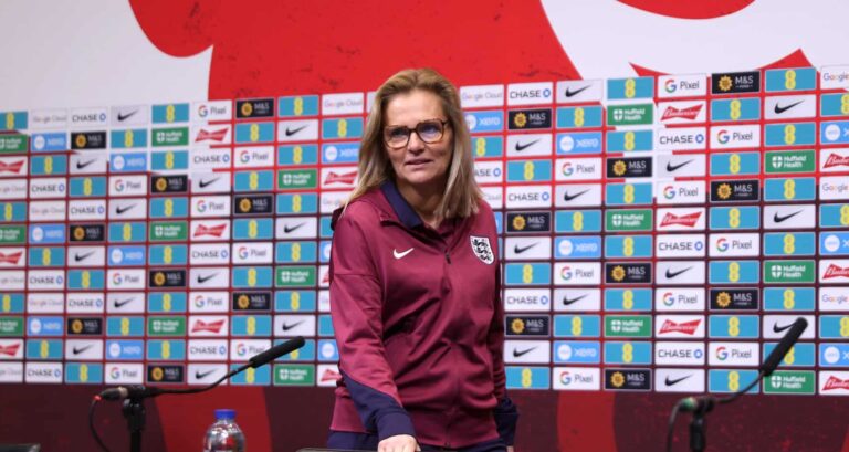 Sarina Wiegman, Head Coach of England, speaks to the media during an England Team Announcement press conference at Wembley Stadium on November 19, 2024 in London, England.