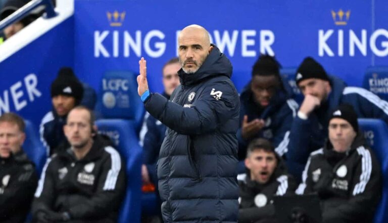 Enzo Maresca, Manager of Chelsea, reacts during the Premier League match between Leicester City FC and Chelsea FC at The King Power Stadium on November 23, 2024 in Leicester, England.