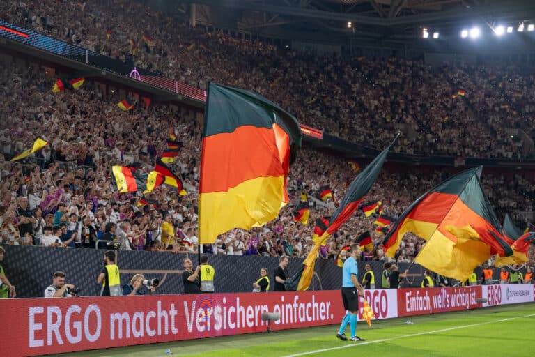 Flags are seen during the UEFA Nations League 2024/25 League A Group A3 match between Germany and Hungary at Merkur Spiel-Arena on September 07, 2024 in Düsseldorf, Germany.
