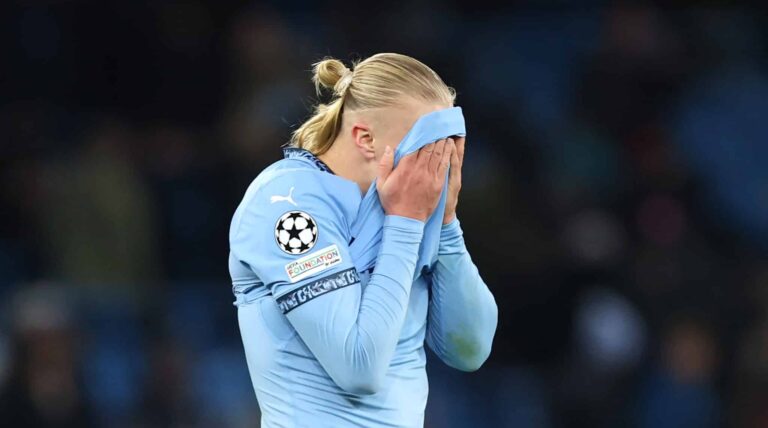 Erling Haaland of Manchester City reacts at full-time following the team's draw in the UEFA Champions League 2024/25 League Phase MD5 match between Manchester City and Feyenoord at City of Manchester Stadium on November 26, 2024 in Manchester, England.