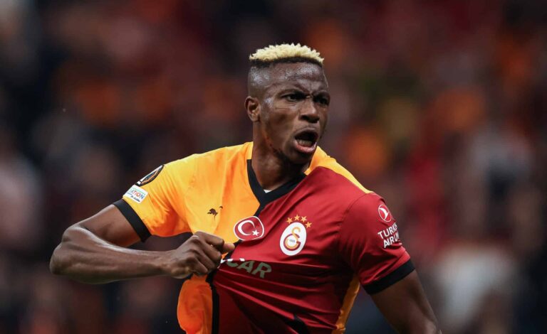 Victor Osimhen of Galatasaray celebrates after scoring his team's second goal during the UEFA Europa League 2024/25 League Phase MD4 match between Galatasaray A.S. and Premier League club Tottenham Hotspur at Rams Park on November 7, 2024 in Istanbul, Turkey.