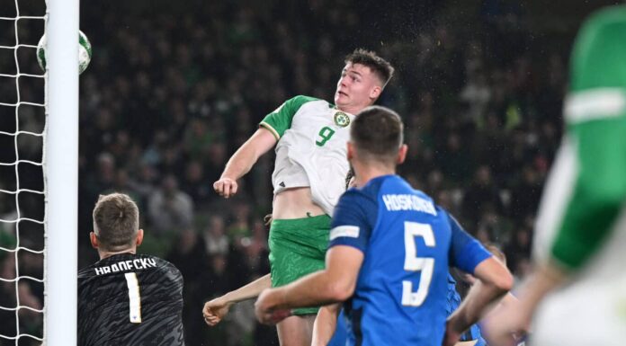 Evan Ferguson of Republic of Ireland scores his team's first goal during the UEFA Nations League 2024/25 League B Group B2 match between Republic of Ireland and Finland at Aviva Stadium on November 14, 2024 in Dublin, Ireland.