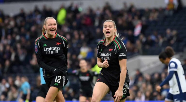 Alessia Russo of Arsenal celebrates scoring her team's first goal with teammate Frida Maanum during the Barclays Women's Super League match between Tottenham Hotspur and Arsenal at the Tottenham Hotspur Stadium on November 16, 2024 in London, England.