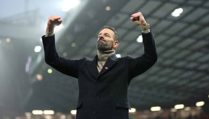 Ruud van Nistelrooy, Interim Head Coach of Man Utd, celebrates after the team's victory in the Premier League match between Manchester United FC and Leicester City FC at Old Trafford on November 10, 2024 in Manchester, England.