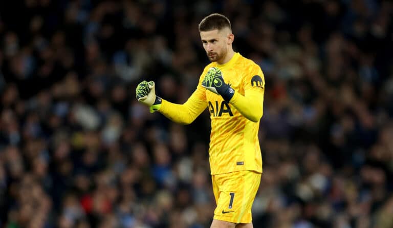 Spurs goalkeeper Guglielmo Vicario during the Premier League match between Manchester City FC and Tottenham Hotspur FC at Etihad Stadium on November 23, 2024 in Manchester, England.