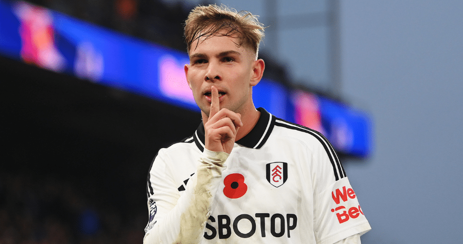 Former Arsenal player Emile Smith celebrates a goal for Fulham in the Premier League.