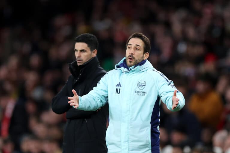 Nicolas Jover, Set-Piece Coach of Arsenal with Manager Mikel Arteta during the Premier League match between Arsenal FC and Everton FC at Emirates Stadium on December 14, 2024 in London, England.