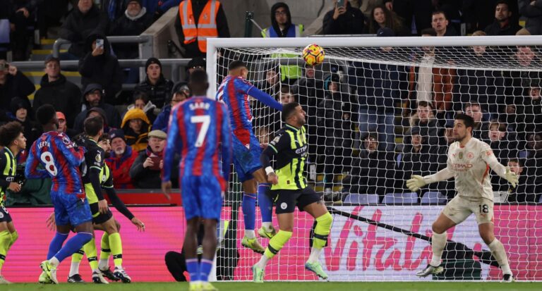 Crystal Palace defender Maxence Lacroix. scores his team's second goal past Stefan Ortega of Man City during the Premier League match between Crystal Palace FC and Manchester City FC at Selhurst Park on December 07, 2024 in London, England.