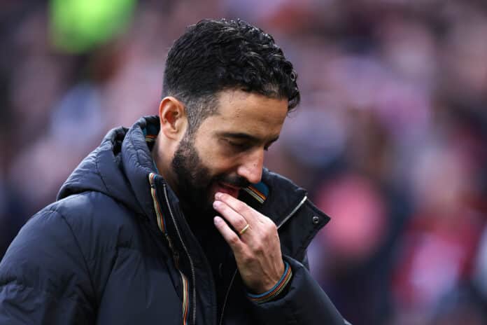 Ruben Amorim, Head Coach of Man Utd, reacts as he walks towards the tunnel at half-time during the Premier League match between Man United FC and Everton FC at Old Trafford on December 01, 2024 in Manchester, England.
