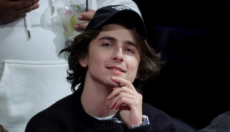 Actor Timothée Chalamet looks on before the championship game of the inaugural NBA In-Season Tournament between the Indiana Pacers and the Los Angeles Lakers at T-Mobile Arena on December 09, 2023 in Las Vegas, Nevada.