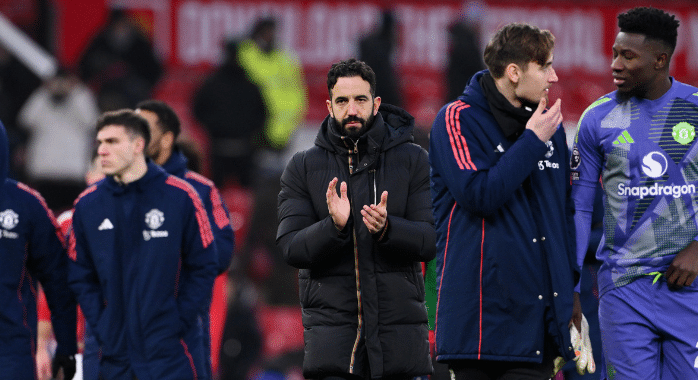 Man United manager Ruben Amorim applauds the fans after the Premier League match between Manchester United and Brighton.