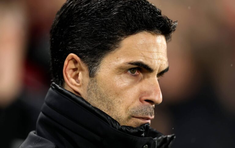 Mikel Arteta, Manager of Arsenal, looks on during the Premier League match between Brentford FC and Arsenal FC at the Brentford Community Stadium on January 01, 2025 in Brentford, England.