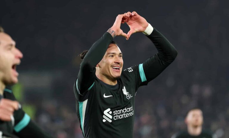 Darwin Nunez of Liverpool celebrates scoring his team's second goal during the Premier League match between Brentford FC and Liverpool FC at Gtech Community Stadium on January 18, 2025 in Brentford, England.