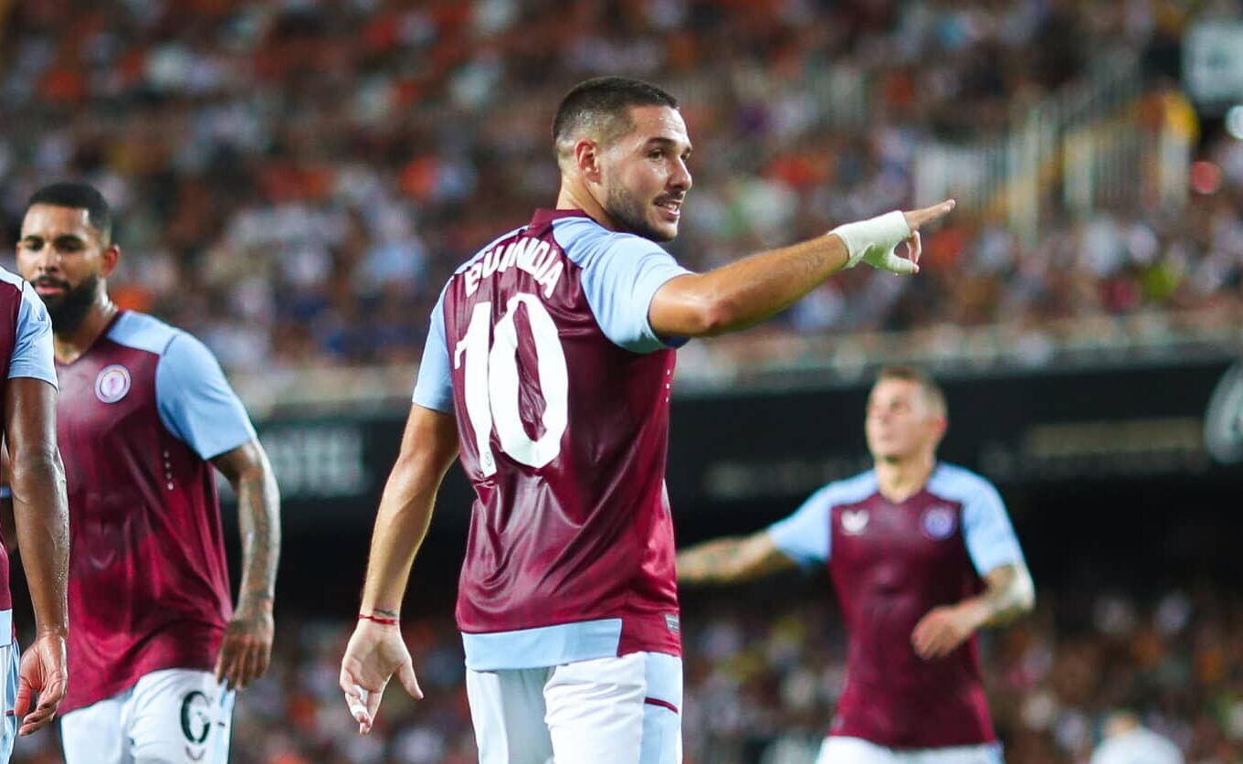 Emiliano Buendia of Aston Villa celebrates after scoring the team's second goal during the Trofeu Taronja match between Valencia CF and Aston Villa at Estadio Mestalla on August 05, 2023 in Valencia, Spain.