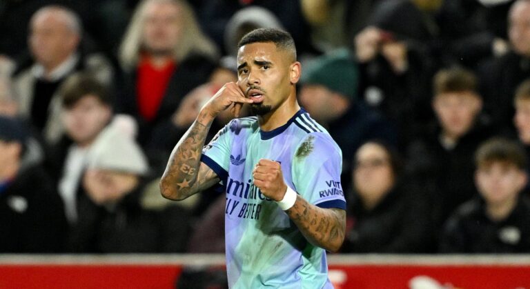 Gabriel Jesus of Arsenal celebrates scoring his team's first goal during the Premier League match between Brentford FC and Arsenal FC at the Brentford Community Stadium on January 01, 2025 in Brentford, England.