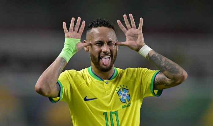 Neymar Jr. of Brazil celebrates after scoring the fifth goal of his team during a FIFA World Cup 2026 Qualifier match between Brazil and Bolivia at Mangueirao on September 08, 2023 in Belem, Brazil.