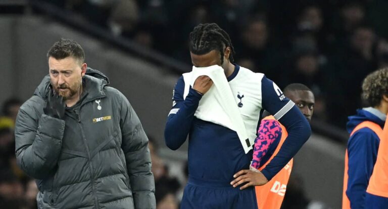 Spurs defender Destiny Udogie looks dejected as he leaves the pitch with an injury during the Premier League match between Tottenham Hotspur FC and Wolverhampton Wanderers FC at Tottenham Hotspur Stadium on December 29, 2024 in London, England.