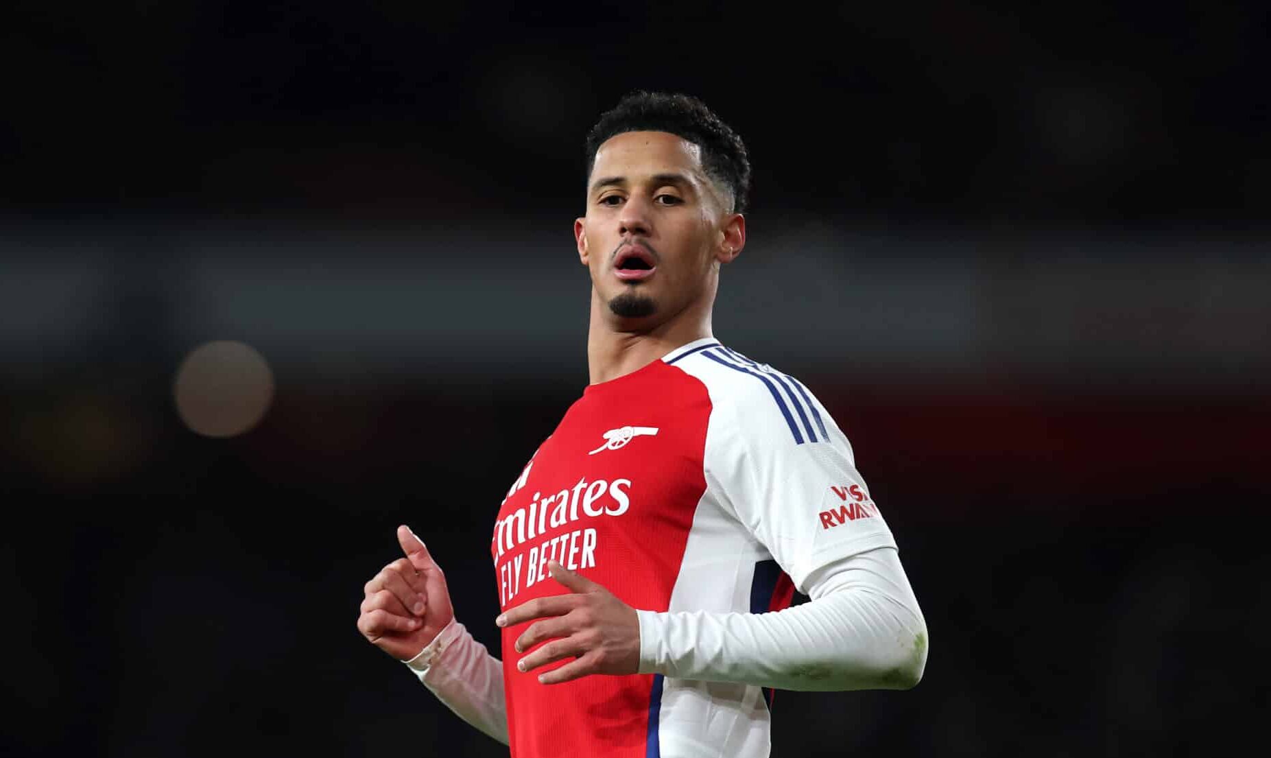William Saliba of Arsenal during the Carabao Cup Semi Final First Leg match between Arsenal and Newcastle United at Emirates Stadium on January 07, 2025 in London, England.