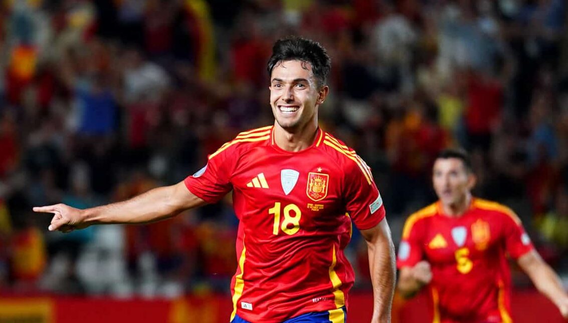 Former Liverpool transfer target Martin Zubimendi of Spain celebrates scoring his team's first goal during the UEFA Nations League 2024/25 League A Group A4 match between Spain and Denmark at Nueva Condomina on October 12, 2024 in Murcia, Spain.