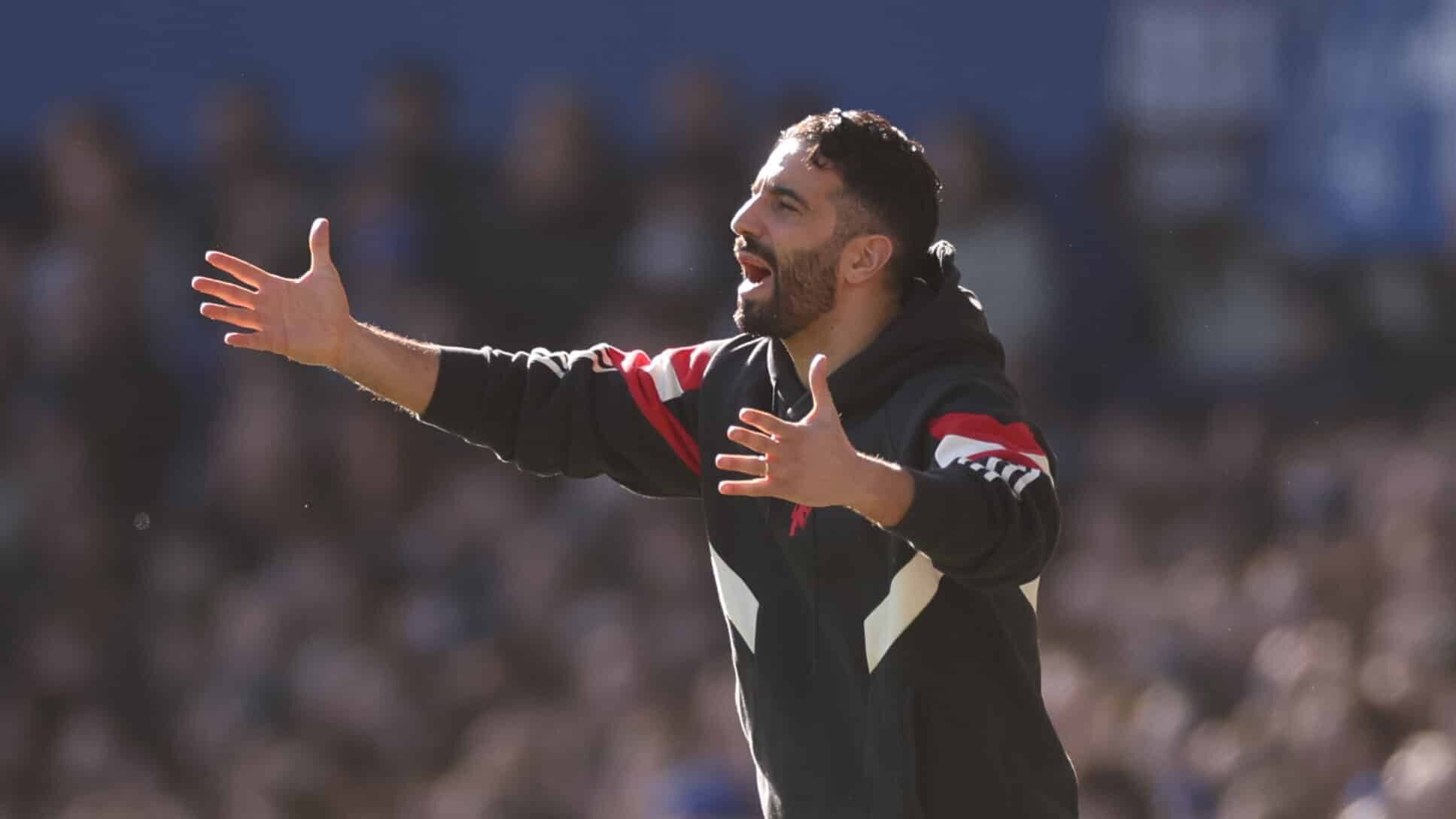 Ruben Amorim, Manager of Man Utd, gestures during the Premier League match between Everton FC and Manchester United FC at Goodison Park on February 22, 2025 in Liverpool, England.