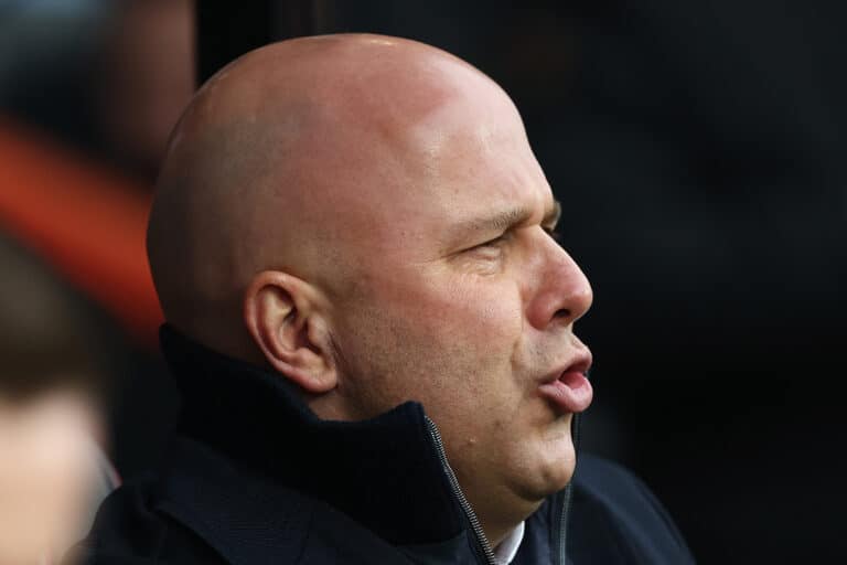 Arne Slot, Manger of Liverpool, looks on during the Premier League match between AFC Bournemouth and Liverpool FC at Vitality Stadium on February 01, 2025 in Bournemouth, England.