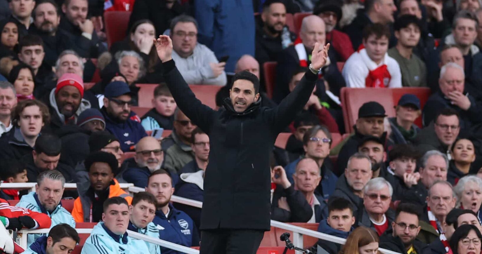 Mikel Arteta, Manager of Arsenal, reacts during the Premier League match between Arsenal FC and West Ham United FC at Emirates Stadium on February 22, 2025 in London, England.