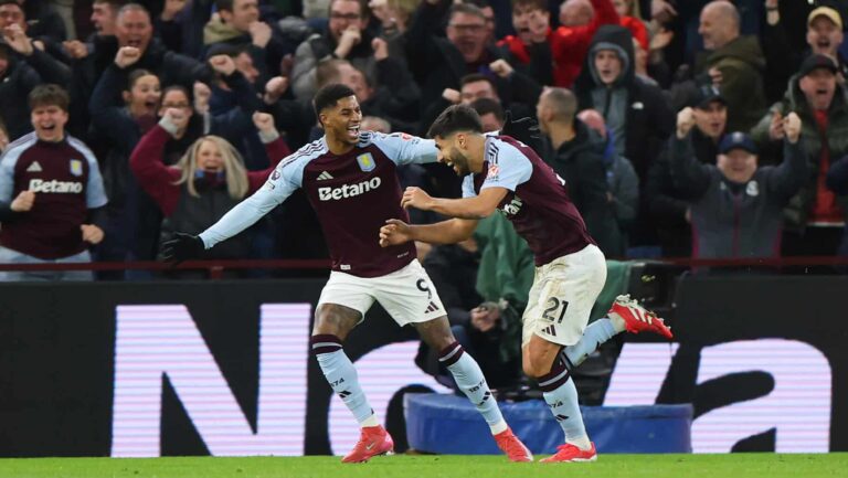 Marco Asensio of Aston Villa celebrates scoring his team's second goal with teammate Marcus Rashford during the Premier League match between Aston Villa FC and Chelsea FC at Villa Park on February 22, 2025 in Birmingham, England.