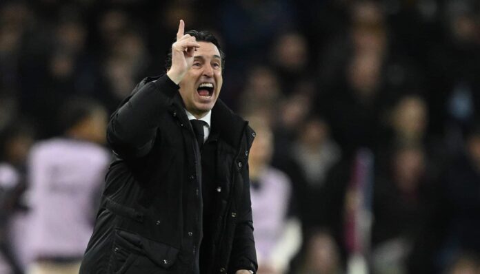 Unai Emery, Manager of Aston Villa, reacts during the Premier League match between Aston Villa FC and Chelsea FC at Villa Park on February 22, 2025 in Birmingham, England.