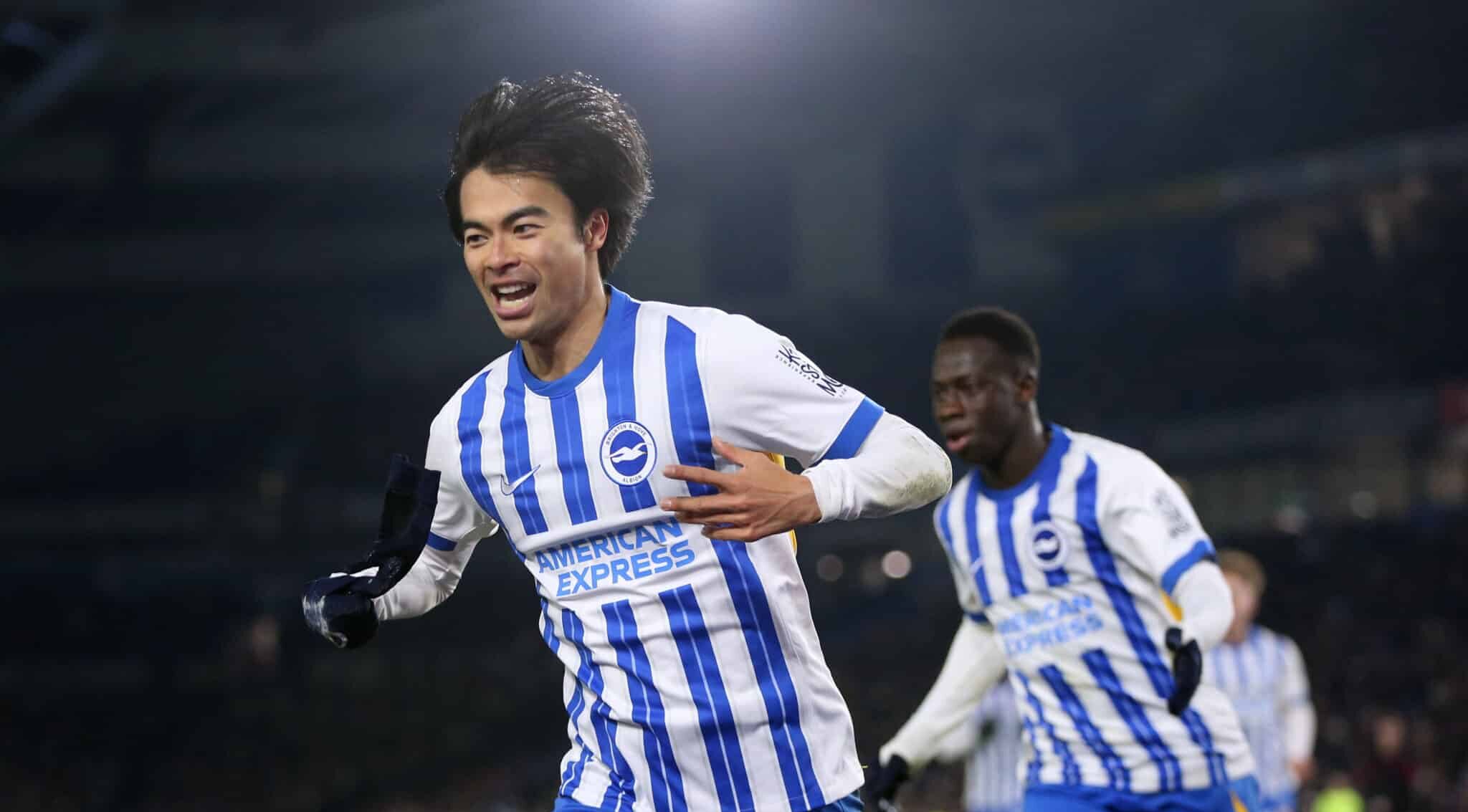 Kaoru Mitoma of Brighton & Hove Albion celebrates scoring his team's second goal during the Emirates FA Cup Fourth Round match between Brighton & Hove Albion and Chelsea at Amex Stadium on February 08, 2025 in Brighton, England.