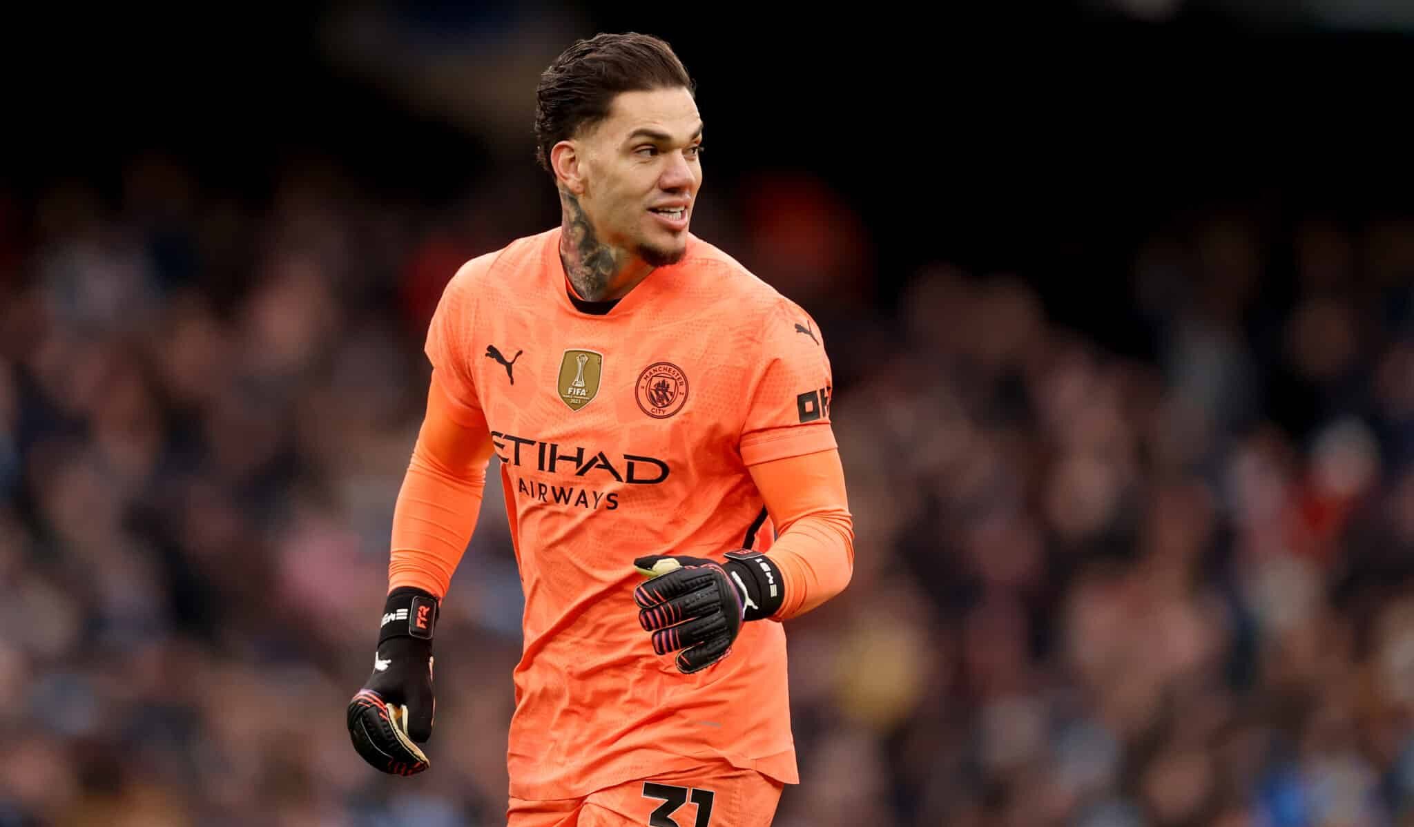Man City goalkeeper Ederson celebrates an assist during the Premier League match between Manchester City FC and Newcastle United FC at Etihad Stadium on February 15, 2025 in Manchester, England.