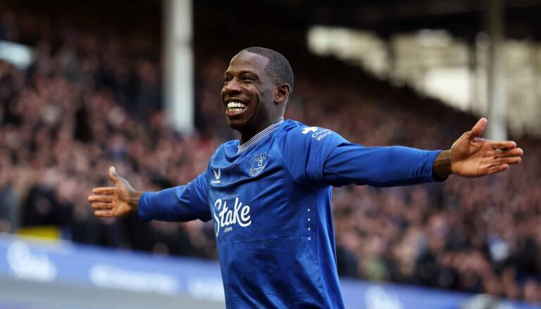 Abdoulaye Doucoure of Everton celebrates scoring his team's first goal during the Premier League match between Everton FC and Leicester City FC at Goodison Park on February 01, 2025 in Liverpool, England.