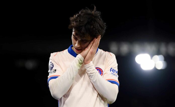 Joao Felix of Chelsea celebrates scoring a goal which was later ruled out for offside during the Premier League match between Ipswich Town FC and Chelsea FC at Portman Road on December 30, 2024 in Ipswich, England.