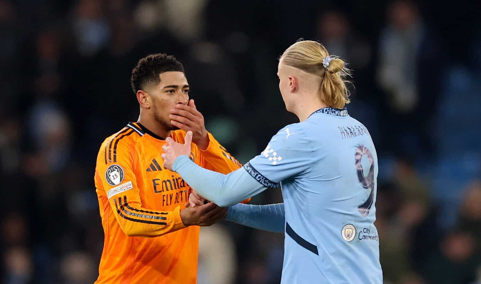 Erling Haaland of Man City and Jude Bellingham of Real Madrid interact after the UEFA Champions League 2024/25 League Knockout Play-off first leg match between Manchester City and Real Madrid C.F. at Manchester City Stadium on February 11, 2025 in Manchester, England.
