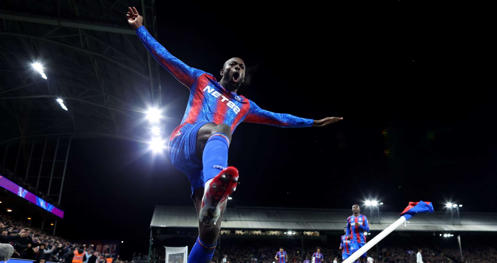 Jean-Philippe Mateta of Crystal Palace celebrates scoring his team's second goal during the Premier League match between Crystal Palace FC and Aston Villa FC at Selhurst Park on February 25, 2025 in London, England.