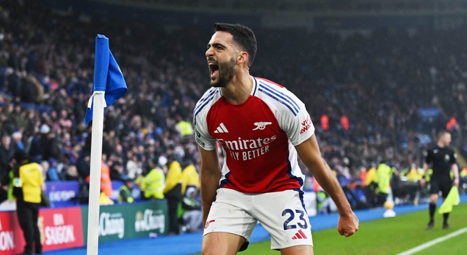 Mikel Merino of Arsenal celebrates scoring his team's second goal during the Premier League match between Leicester City FC and Arsenal FC at The King Power Stadium on February 15, 2025 in Leicester, England.