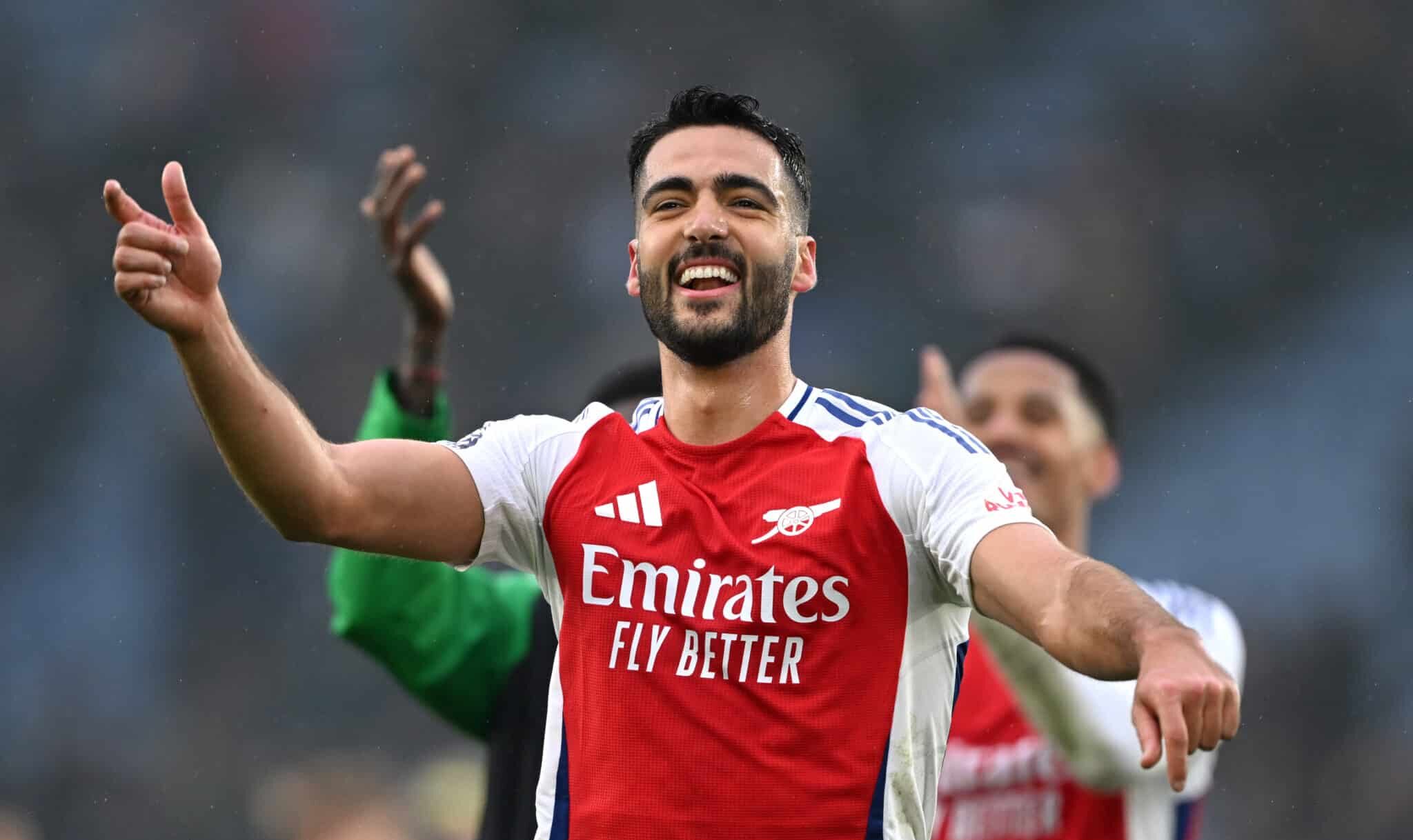 Mikel Merino of Arsenal celebrates scoring his team's second goal during the Premier League match between Leicester City FC and Arsenal FC at The King Power Stadium on February 15, 2025 in Leicester, England.