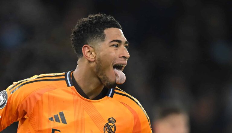 Real Madrid player Jude Bellingham reacts during the UEFA Champions League 2024/25 League Knockout Play-off first leg match between Man City and Real Madrid C.F. at Manchester City Stadium on February 11, 2025 in Manchester, England.