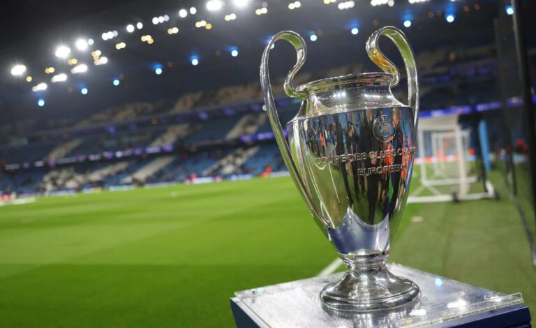 The UEFA Champions League trophy is seen on a plinth prior to the UEFA Champions League 2024/25 League Knockout Play-off first leg match between Man City and Real Madrid C.F. at Manchester City Stadium on February 11, 2025 in Manchester, England.