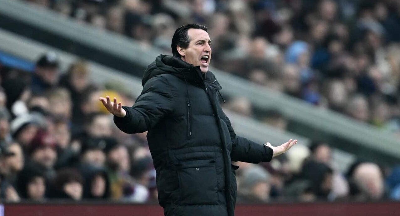 Unai Emery, Manager of Aston Villa, reacts during the Premier League match between Aston Villa FC and Ipswich Town FC at Villa Park on February 15, 2025 in Birmingham, England.