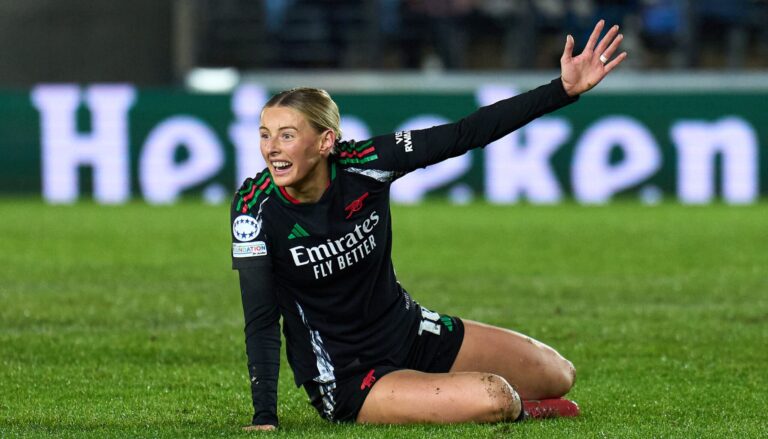 Arsenal player Chloe Kelly reacts during the UEFA Women's Champions League Quarter Finals First Leg match between Real Madrid CF and Arsenal FC at Estadio Alfredo Di Stefano on March 18, 2025 in Madrid, Spain.