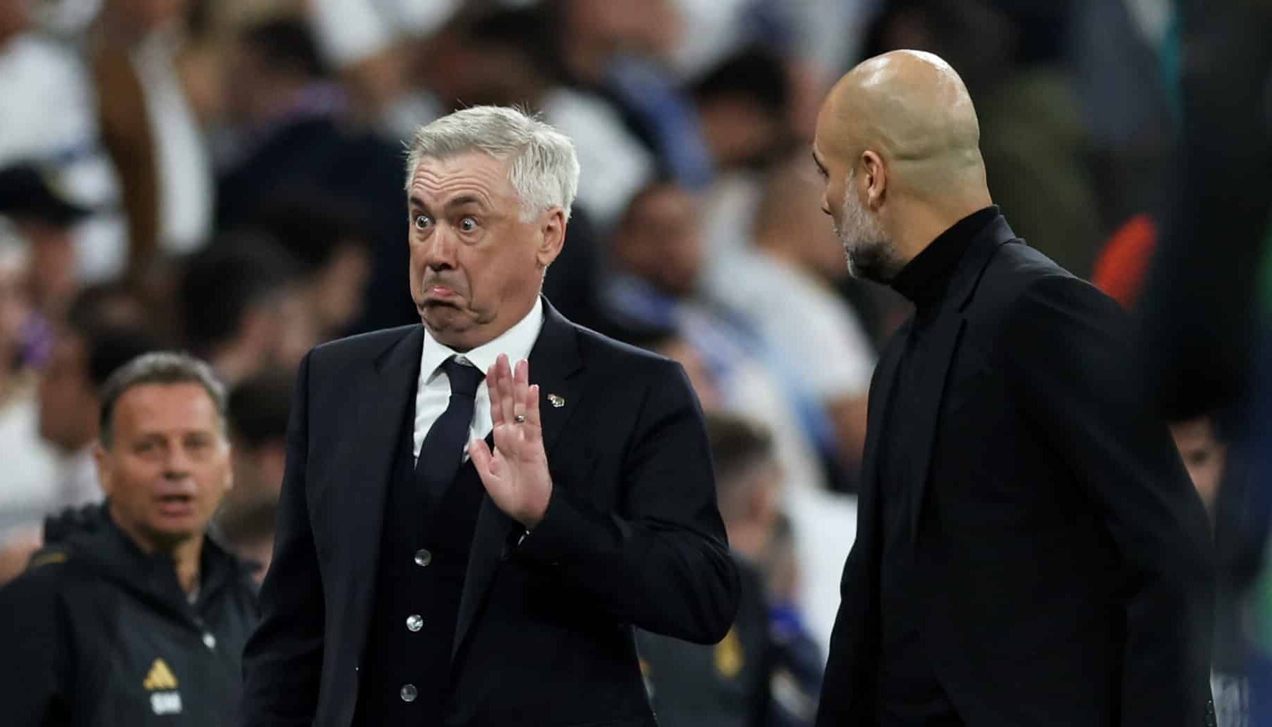 Next Brazil manager odds: Carlo Ancelotti, Head Coach of Real Madrid, reacts alongside Pep Guardiola, Manager of Manchester City, after the draw in the during the UEFA Champions League quarter-final first leg match between Real Madrid CF and Manchester City at Estadio Santiago Bernabeu on April 09, 2024 in Madrid, Spain.