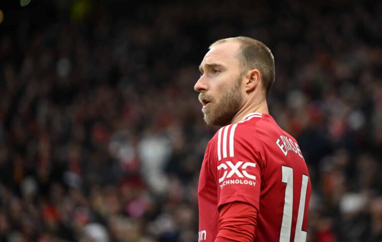Christian Eriksen of Man United looks on during the Premier League match between Manchester United FC and Crystal Palace FC at Old Trafford on February 02, 2025 in Manchester, England.