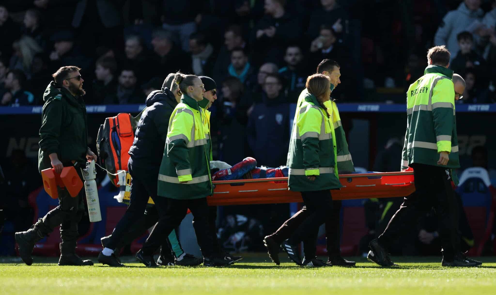 Jean-Philippe Mateta of Crystal Palace is stretchered off the pitch by medical staff after a challenge by Liam Roberts of Millwall (not pictured) which resulted in a red card during the Emirates FA Cup Fifth Round match between Crystal Palace and Millwall at Selhurst Park on March 01, 2025 in London, England.