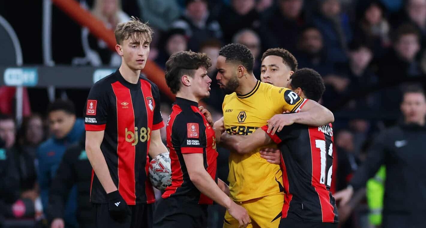 Matheus Cunha of Wolves clashes with Milos Kerkez of AFC Bournemouth, resulting in a red card being awarded during the Emirates FA Cup Fifth Round match between AFC Bournemouth and Wolverhampton Wanderers at Vitality Stadium on March 01, 2025 in Bournemouth, England.