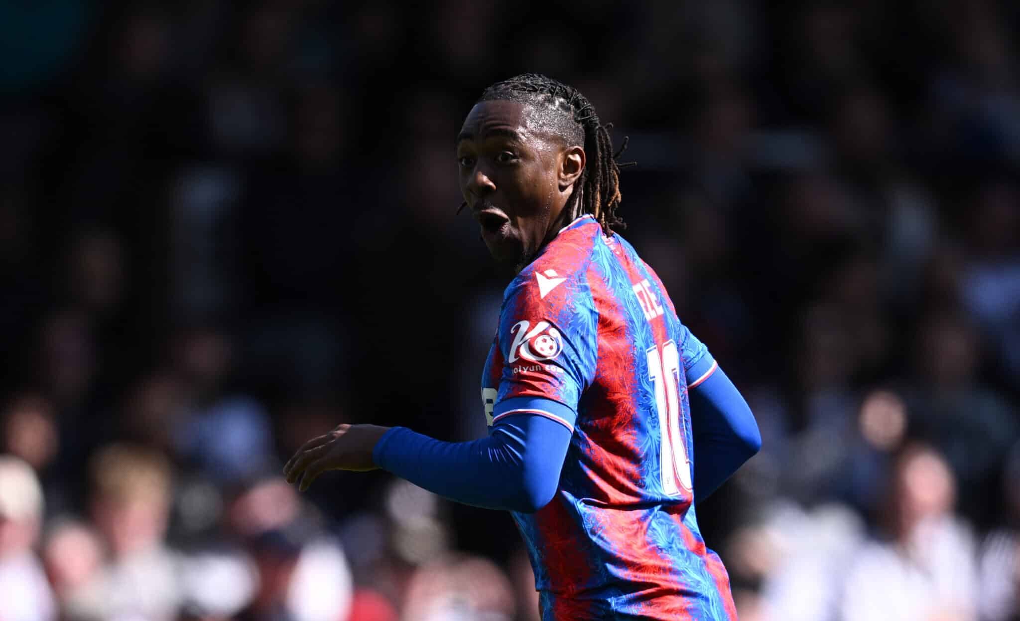 Eberechi Eze of Crystal Palace celebrates scoring his team's first goal during the Emirates FA Cup Quarter Final match between Fulham and Crystal Palace at Craven Cottage on March 29, 2025 in London, England.