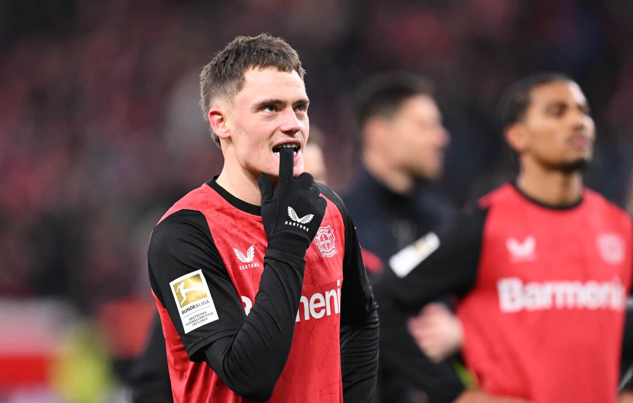 Florian Wirtz of Bayer 04 Leverkusen reacts following the Bundesliga match between Bayer 04 Leverkusen and FC Bayern Munich at BayArena on February 15, 2025 in Leverkusen, Germany.